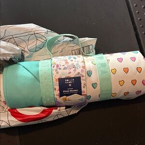 Roller Rabbit Mint and White Heart Print Picnic Blanket